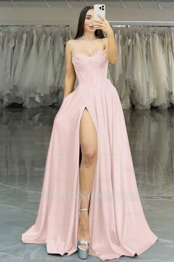 Strapless Sleeveless Long High Split Formal Dress With Pleated