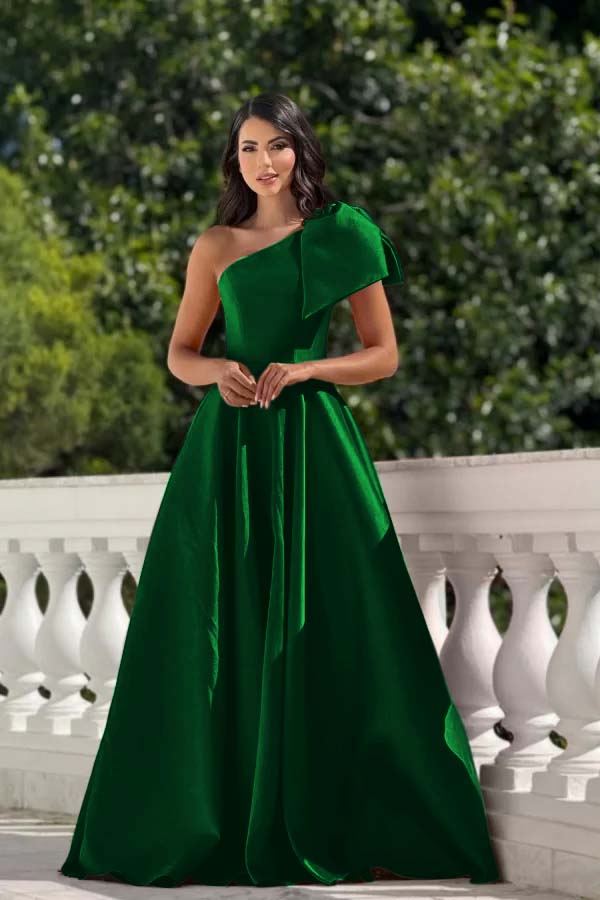 One Shoulder Sleeveless Long Formal Dress With Pleated Bowknot