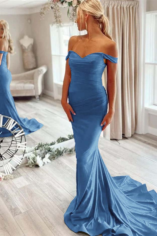 Off the Shoulder Sleeveless Mermaid Long Formal Dress With Pleated
