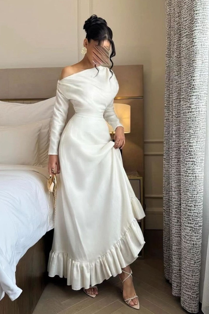 White Off the Shoulder Long Sleeves Long Formal Dress With Ruffles