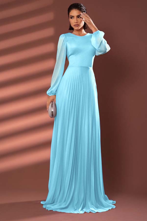 Chiffon Jewel Neck Long Sleeves Long Formal Dress With Pleated