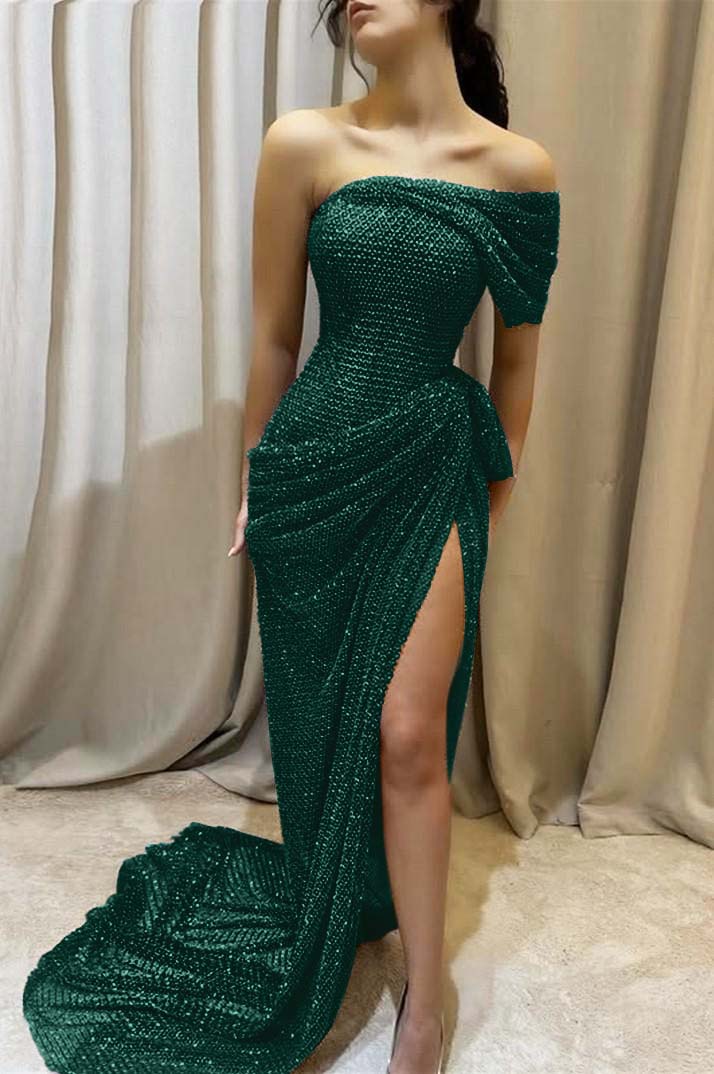 One Shoulder Sleeveless Long Mermaid Formal Dress With Split Pleated