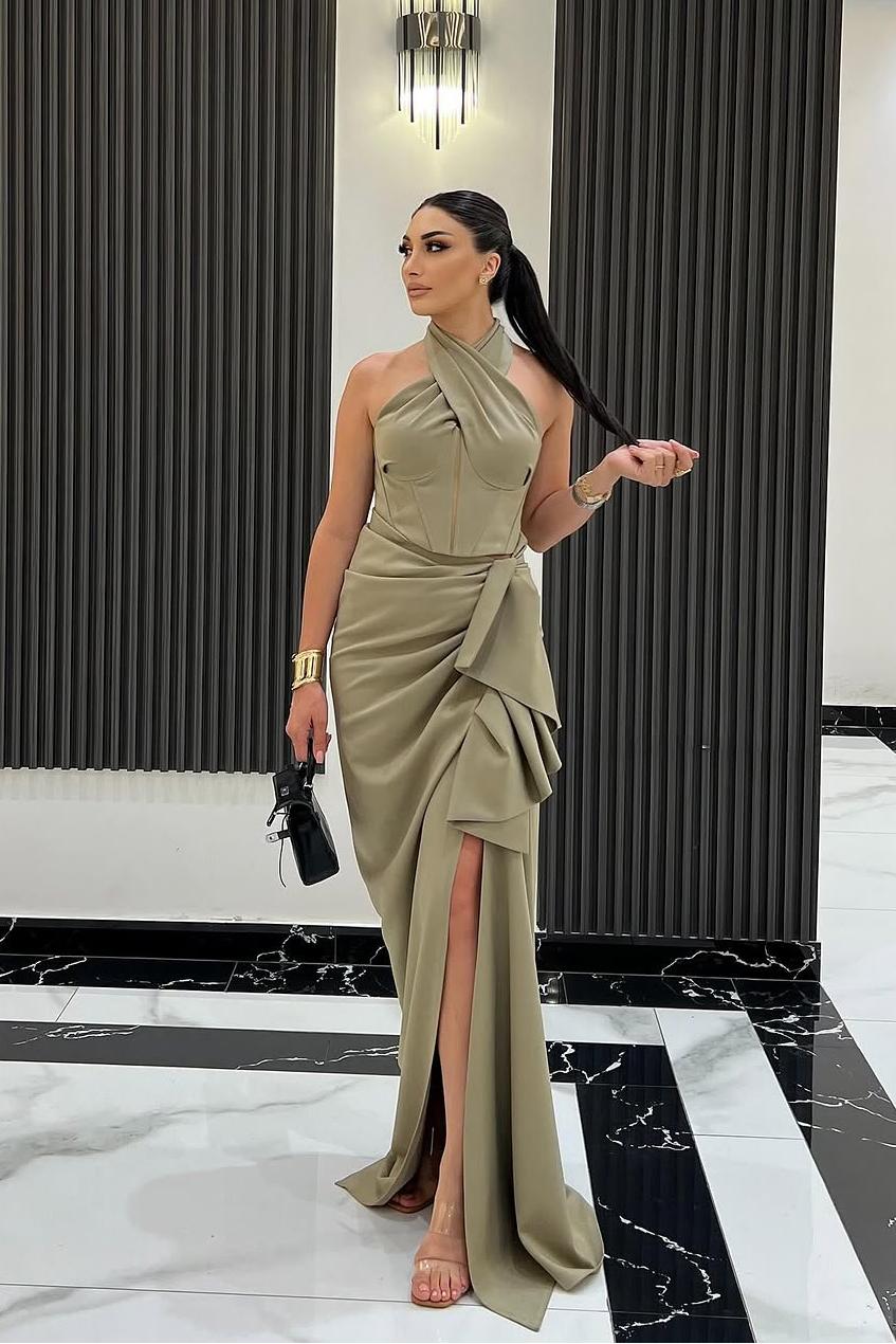 Halter Sleeveless Long Mermaid Formal Dress With Split Pleated