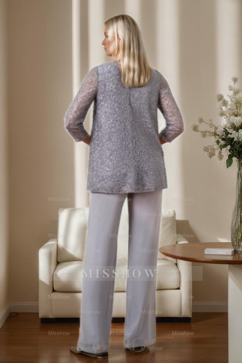 3/4 Sleeve V-Neck Chiffon Mother of the Bride Pantsuit with Sequins