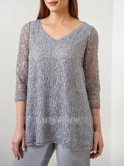 3/4 Sleeve V-Neck Chiffon Mother of the Bride Pantsuit with Sequins