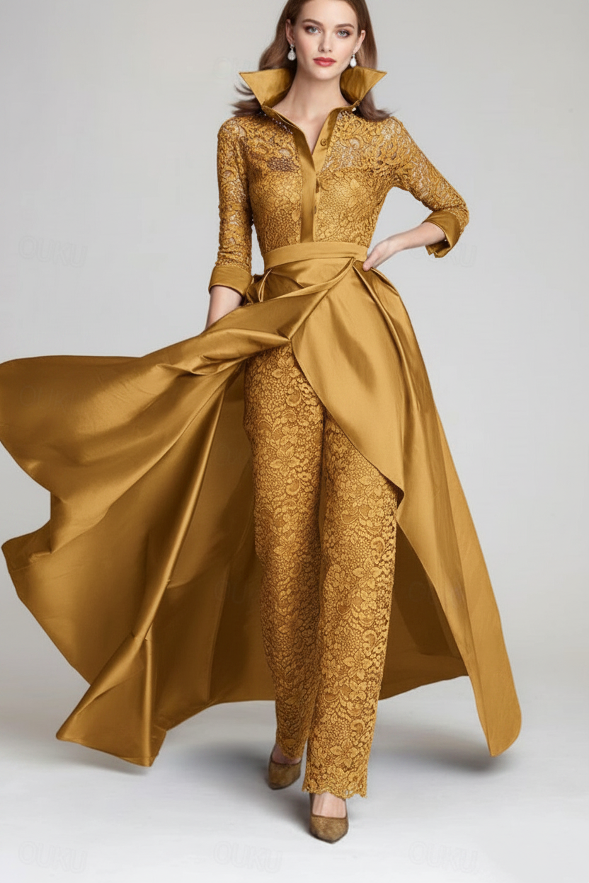 3/4 Sleeves 2 Pieces Mother of the Bride Pantsuits Lace Shirt Collar Jumpsuit Ruched Detachable