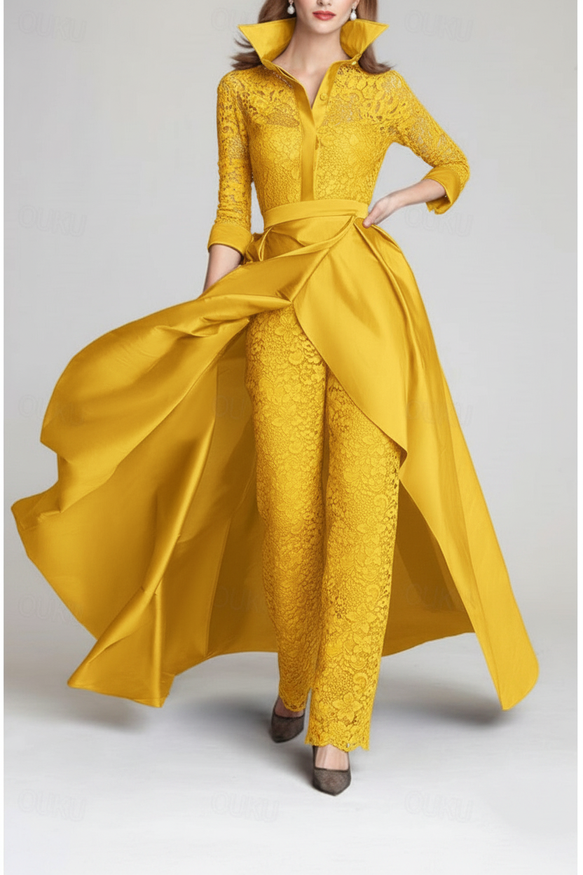 3/4 Sleeves 2 Pieces Mother of the Bride Pantsuits Lace Shirt Collar Jumpsuit Ruched Detachable