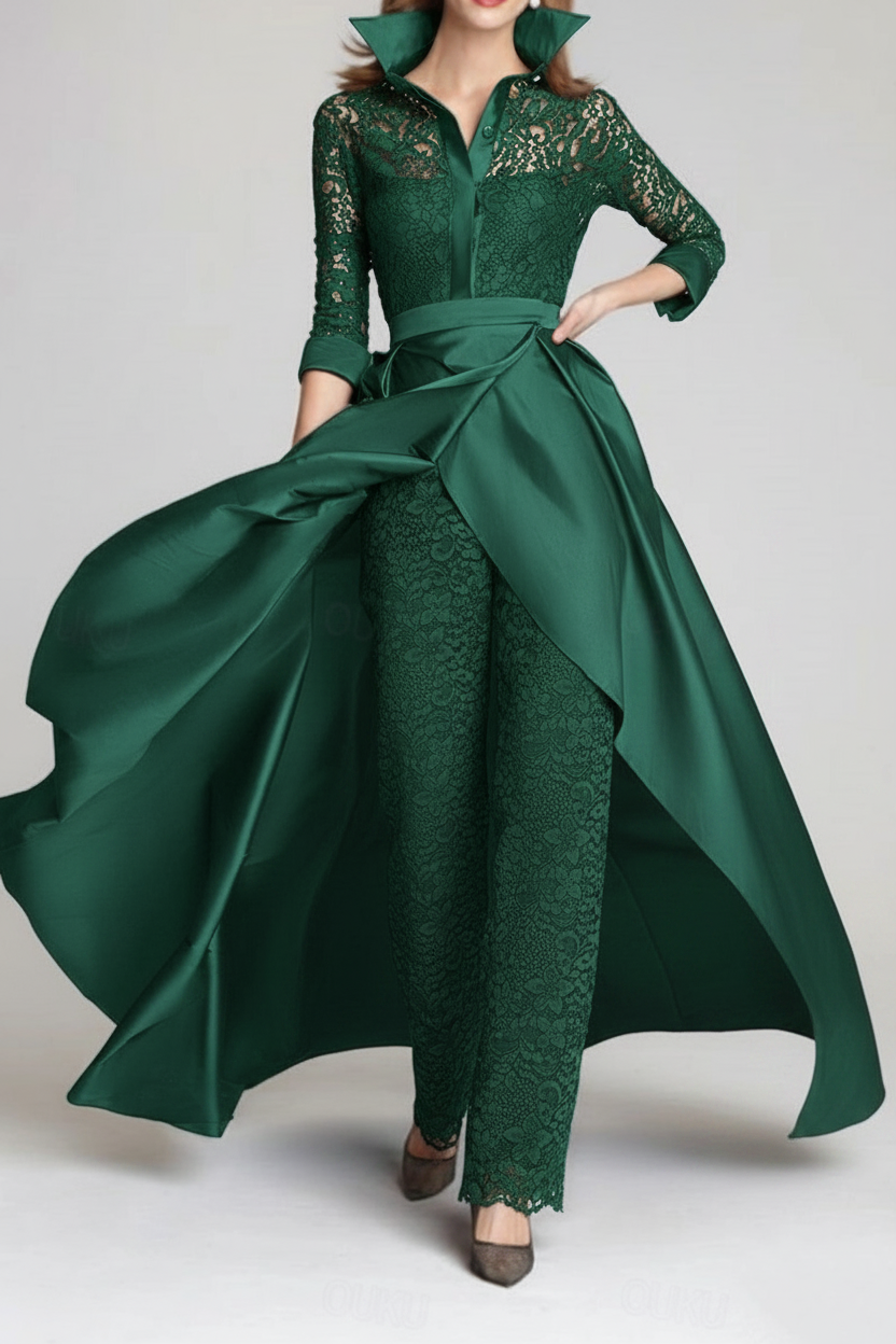 3/4 Sleeves 2 Pieces Mother of the Bride Pantsuits Lace Shirt Collar Jumpsuit Ruched Detachable
