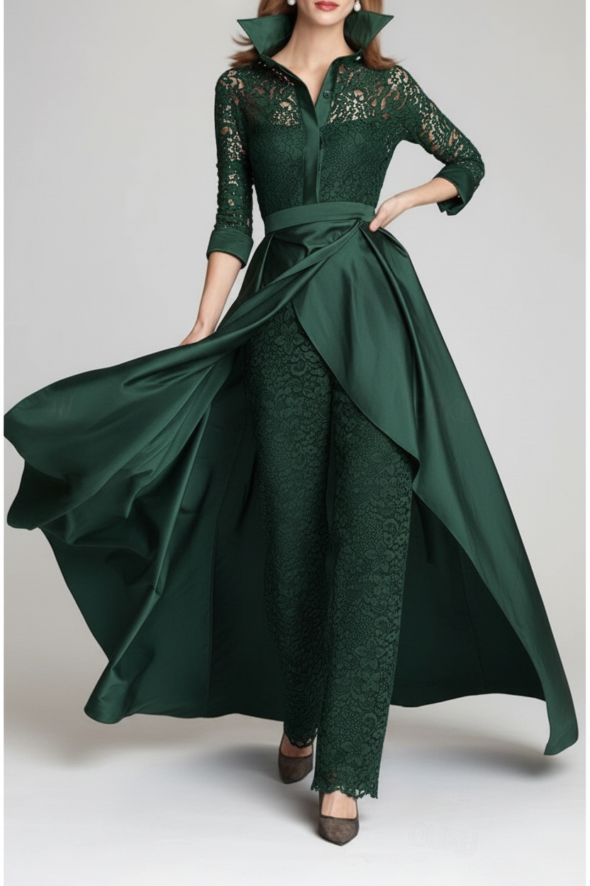 3/4 Sleeves 2 Pieces Mother of the Bride Pantsuits Lace Shirt Collar Jumpsuit Ruched Detachable
