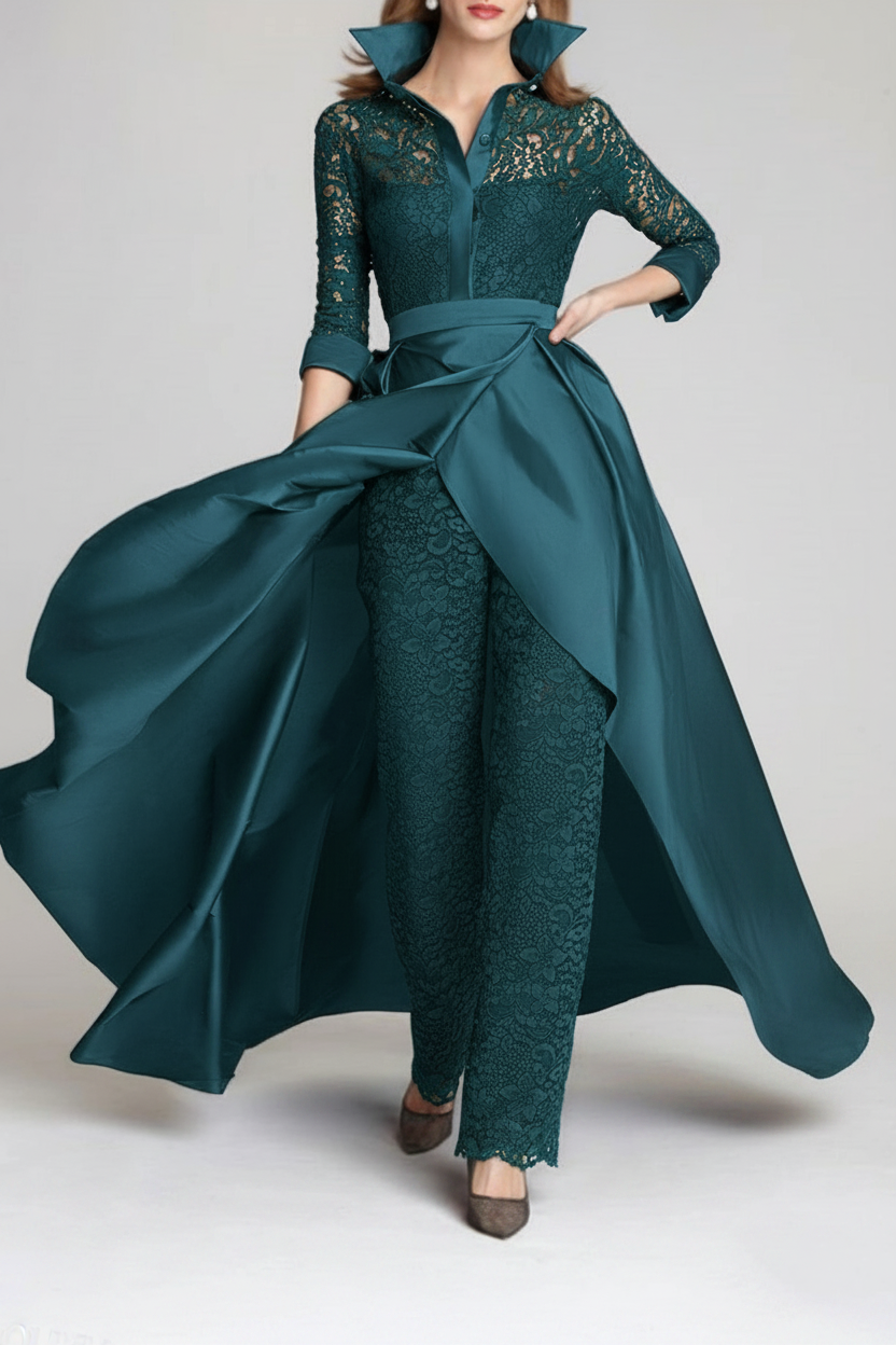 3/4 Sleeves 2 Pieces Mother of the Bride Pantsuits Lace Shirt Collar Jumpsuit Ruched Detachable