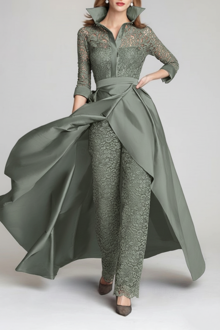 3/4 Sleeves 2 Pieces Mother of the Bride Pantsuits Lace Shirt Collar Jumpsuit Ruched Detachable