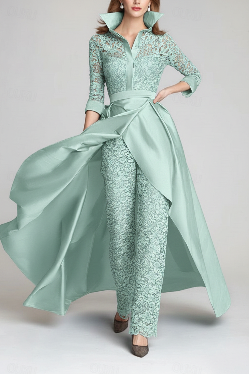 3/4 Sleeves 2 Pieces Mother of the Bride Pantsuits Lace Shirt Collar Jumpsuit Ruched Detachable