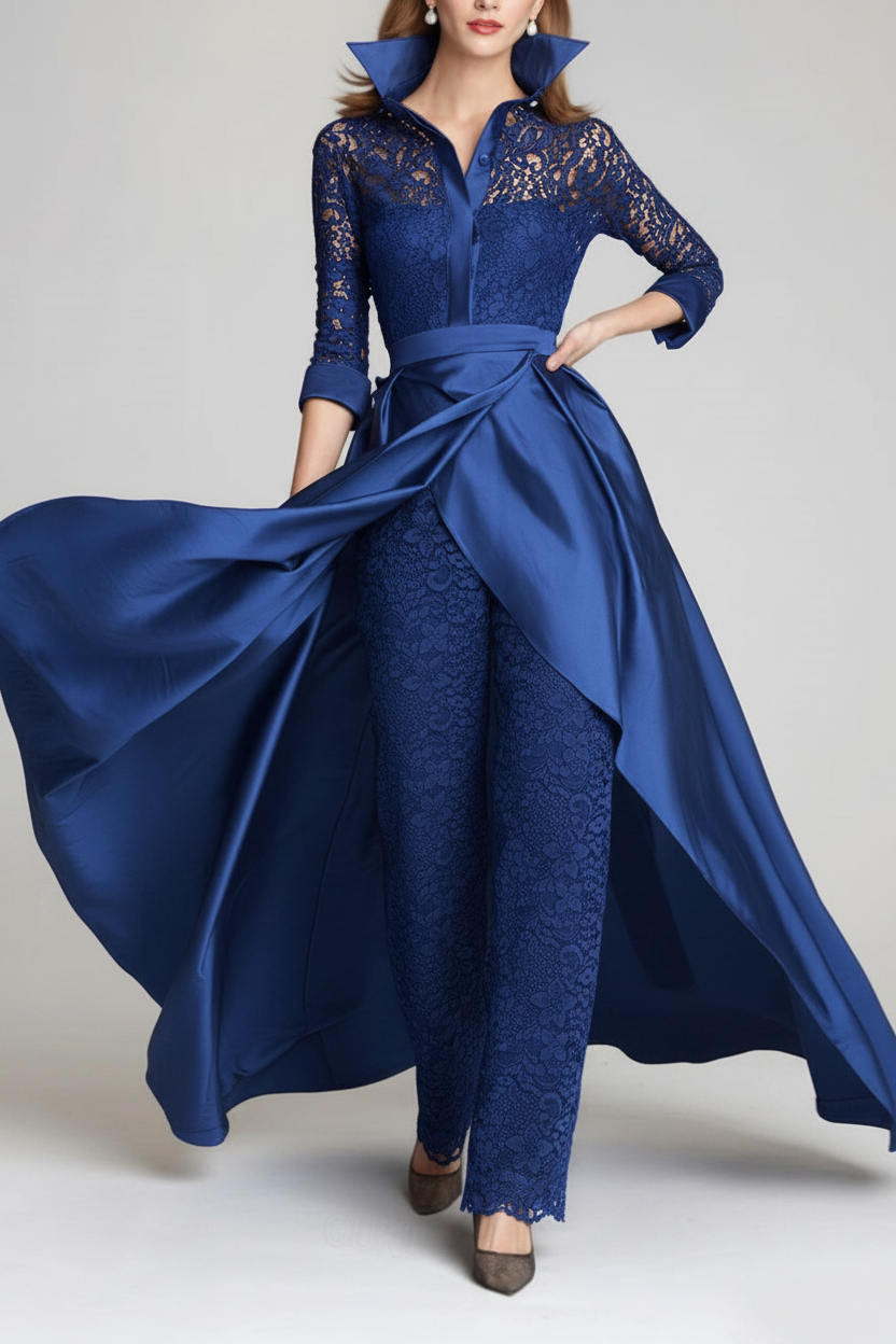 3/4 Sleeves 2 Pieces Mother of the Bride Pantsuits Lace Shirt Collar Jumpsuit Ruched Detachable