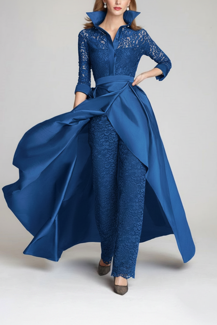 3/4 Sleeves 2 Pieces Mother of the Bride Pantsuits Lace Shirt Collar Jumpsuit Ruched Detachable