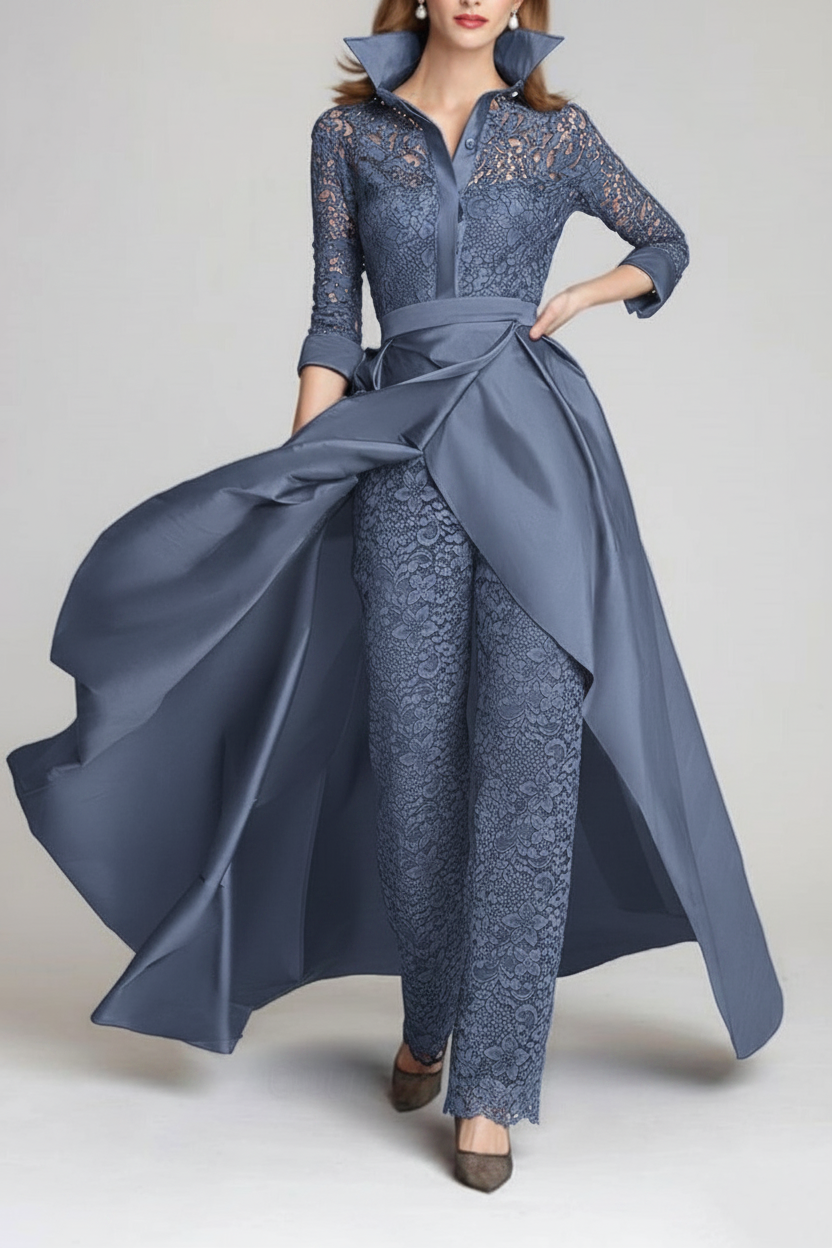 3/4 Sleeves 2 Pieces Mother of the Bride Pantsuits Lace Shirt Collar Jumpsuit Ruched Detachable