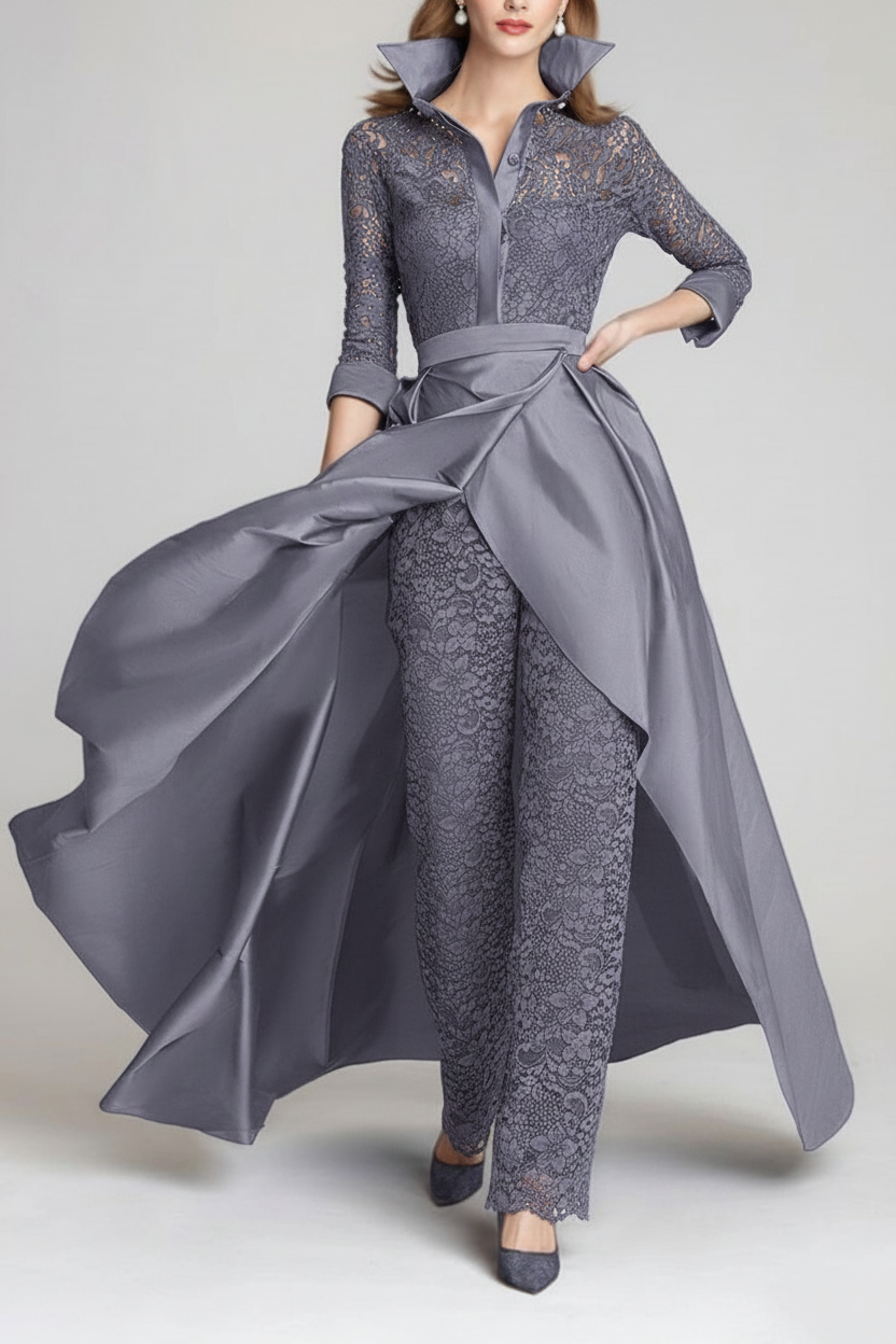 3/4 Sleeves 2 Pieces Mother of the Bride Pantsuits Lace Shirt Collar Jumpsuit Ruched Detachable