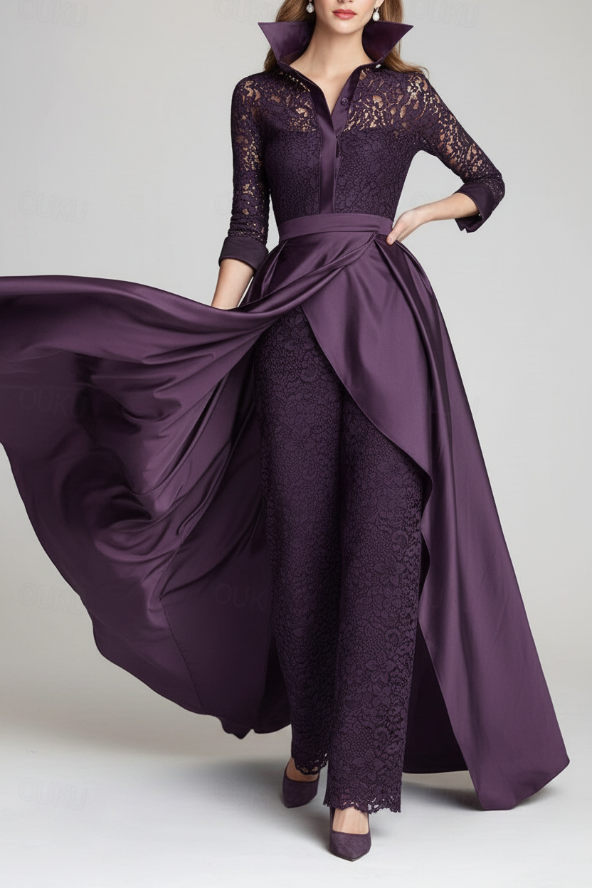 3/4 Sleeves 2 Pieces Mother of the Bride Pantsuits Lace Shirt Collar Jumpsuit Ruched Detachable