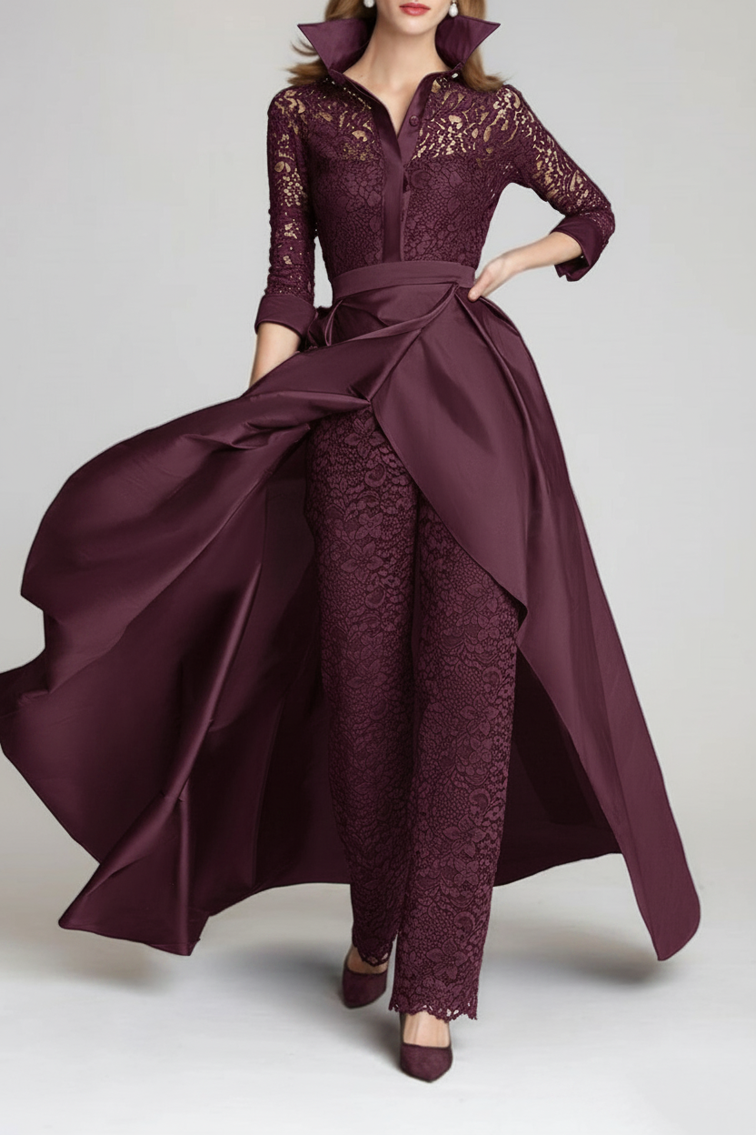 3/4 Sleeves 2 Pieces Mother of the Bride Pantsuits Lace Shirt Collar Jumpsuit Ruched Detachable