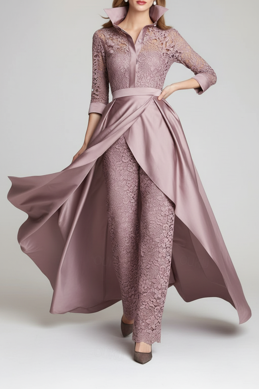 3/4 Sleeves 2 Pieces Mother of the Bride Pantsuits Lace Shirt Collar Jumpsuit Ruched Detachable