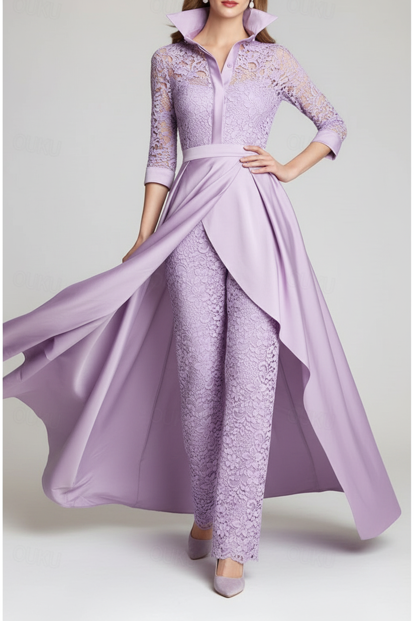 3/4 Sleeves 2 Pieces Mother of the Bride Pantsuits Lace Shirt Collar Jumpsuit Ruched Detachable