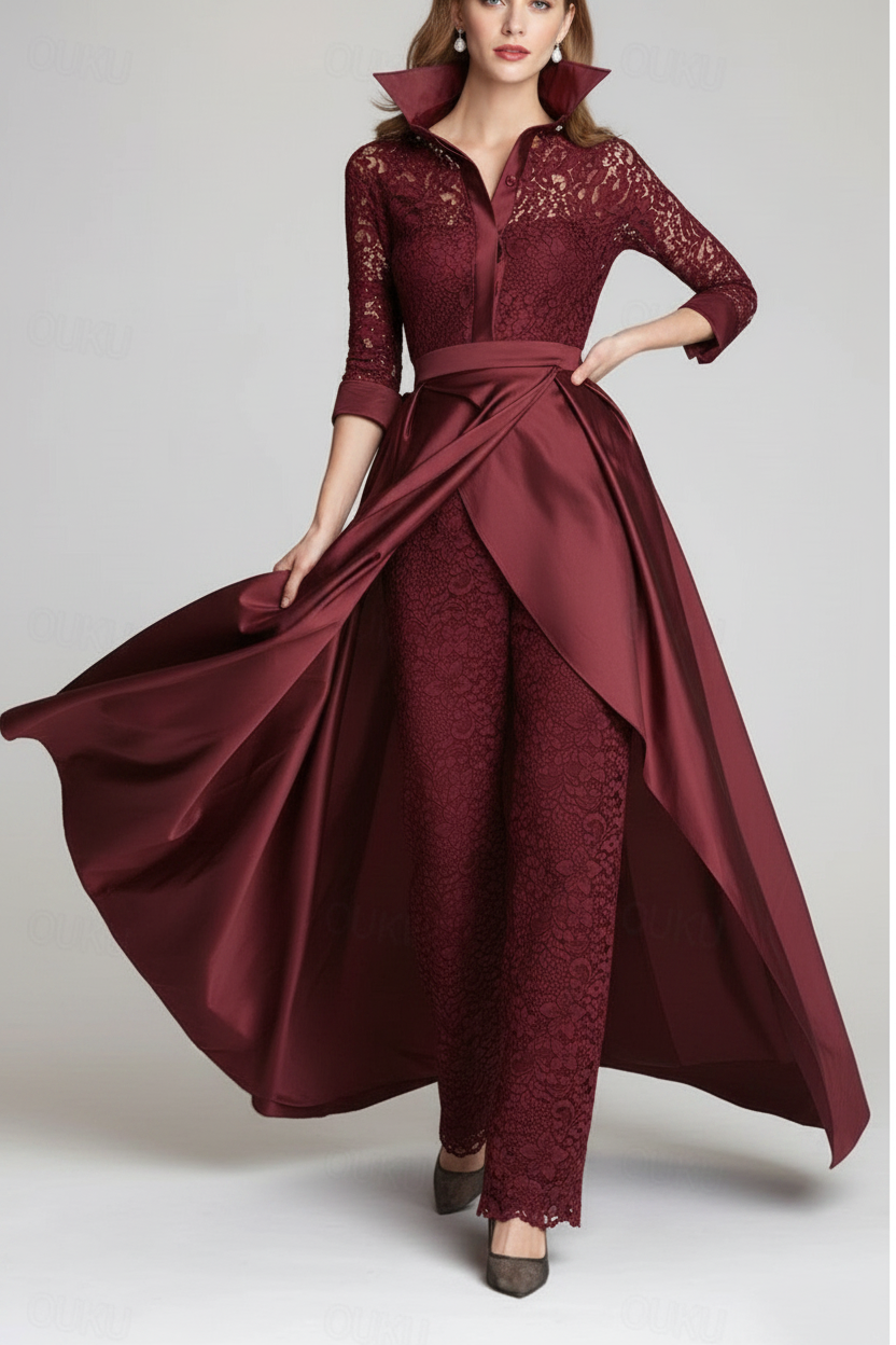 3/4 Sleeves 2 Pieces Mother of the Bride Pantsuits Lace Shirt Collar Jumpsuit Ruched Detachable