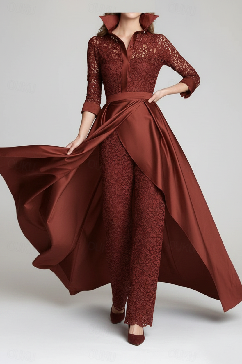 3/4 Sleeves 2 Pieces Mother of the Bride Pantsuits Lace Shirt Collar Jumpsuit Ruched Detachable