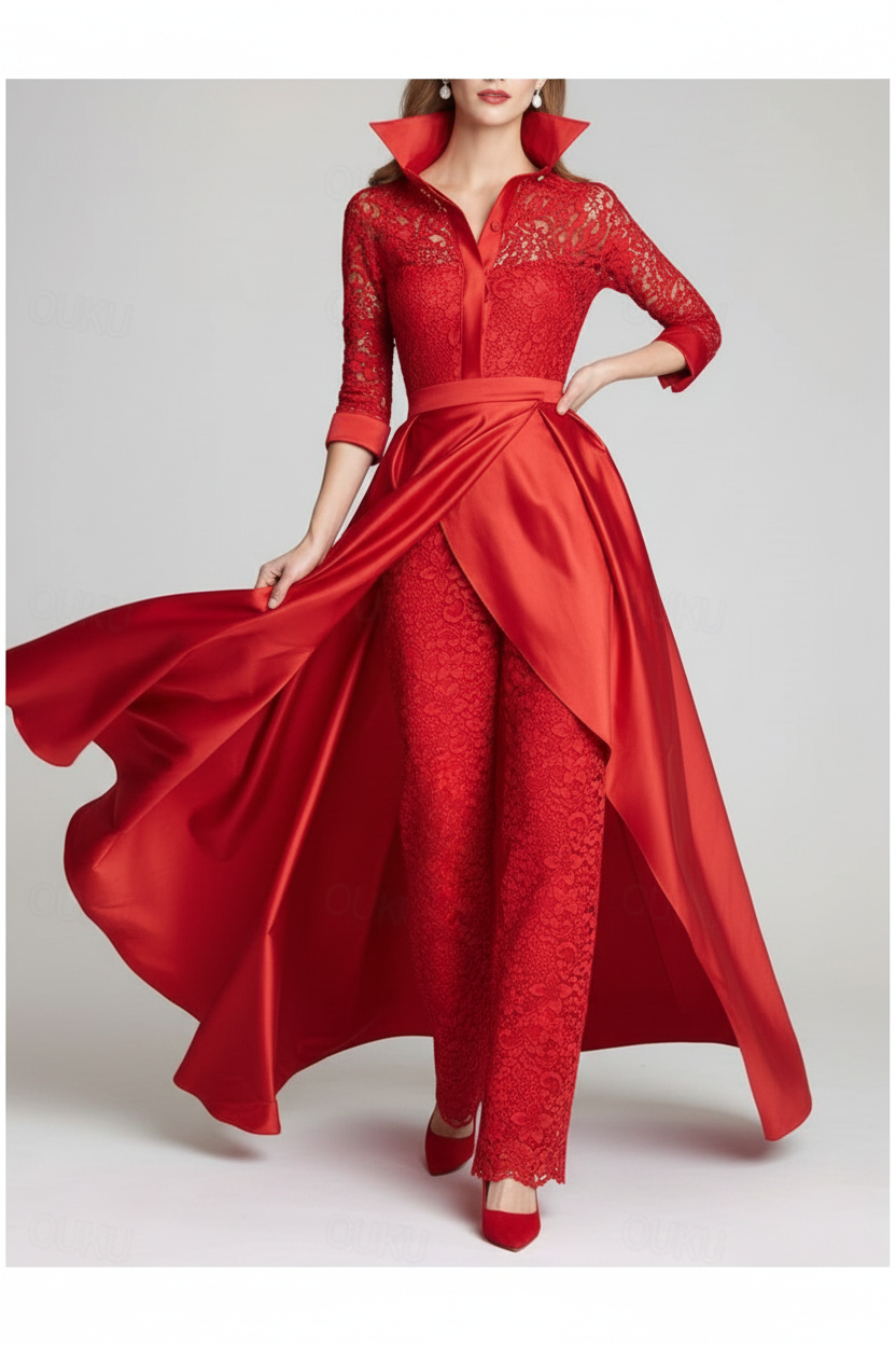 3/4 Sleeves 2 Pieces Mother of the Bride Pantsuits Lace Shirt Collar Jumpsuit Ruched Detachable