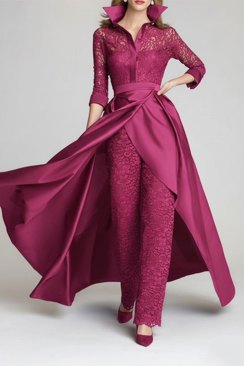 3/4 Sleeves 2 Pieces Mother of the Bride Pantsuits Lace Shirt Collar Jumpsuit Ruched Detachable