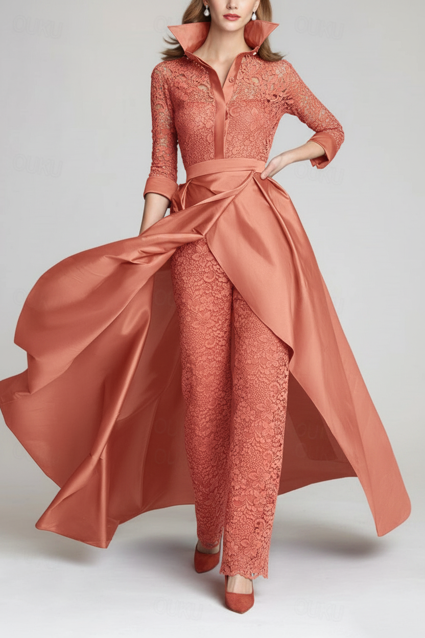 3/4 Sleeves 2 Pieces Mother of the Bride Pantsuits Lace Shirt Collar Jumpsuit Ruched Detachable