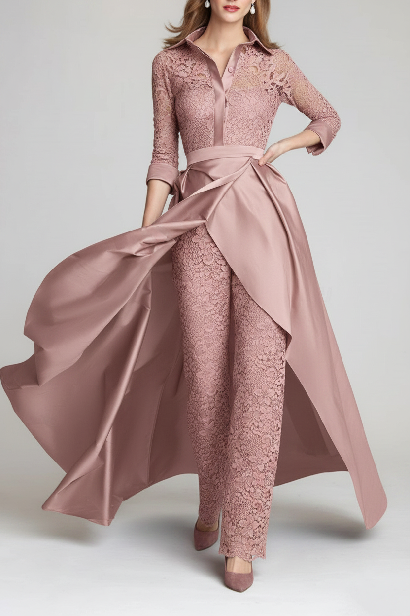 3/4 Sleeves 2 Pieces Mother of the Bride Pantsuits Lace Shirt Collar Jumpsuit Ruched Detachable