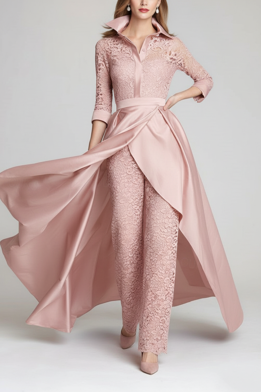 3/4 Sleeves 2 Pieces Mother of the Bride Pantsuits Lace Shirt Collar Jumpsuit Ruched Detachable
