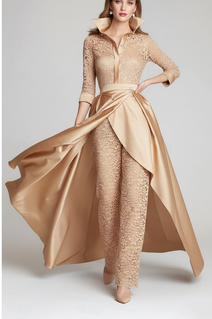 3/4 Sleeves 2 Pieces Mother of the Bride Pantsuits Lace Shirt Collar Jumpsuit Ruched Detachable