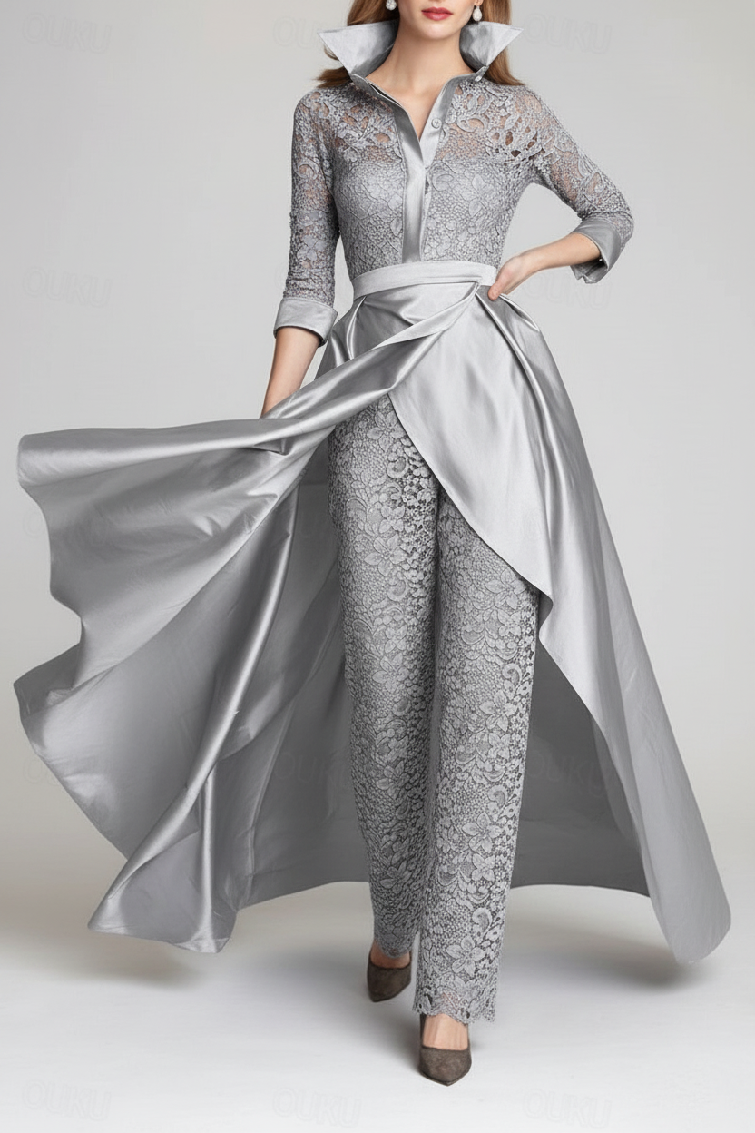 3/4 Sleeves 2 Pieces Mother of the Bride Pantsuits Lace Shirt Collar Jumpsuit Ruched Detachable