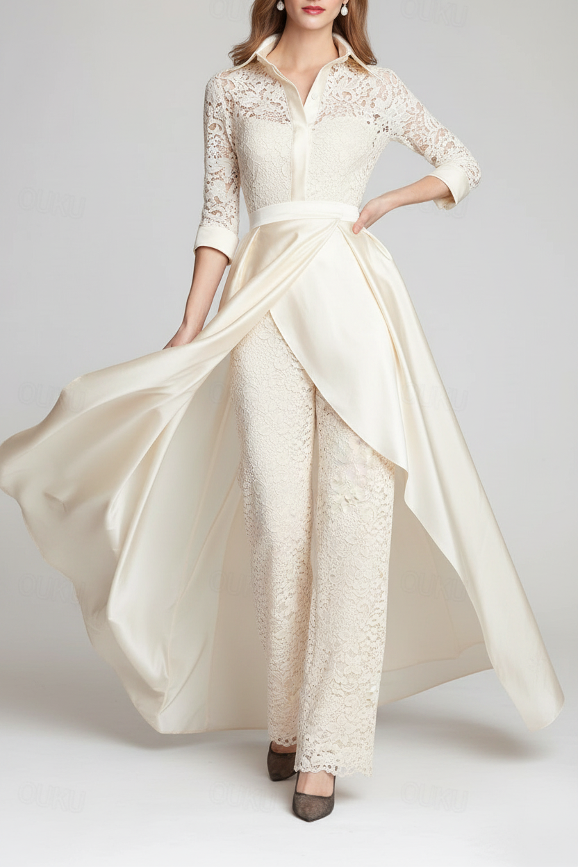 3/4 Sleeves 2 Pieces Mother of the Bride Pantsuits Lace Shirt Collar Jumpsuit Ruched Detachable