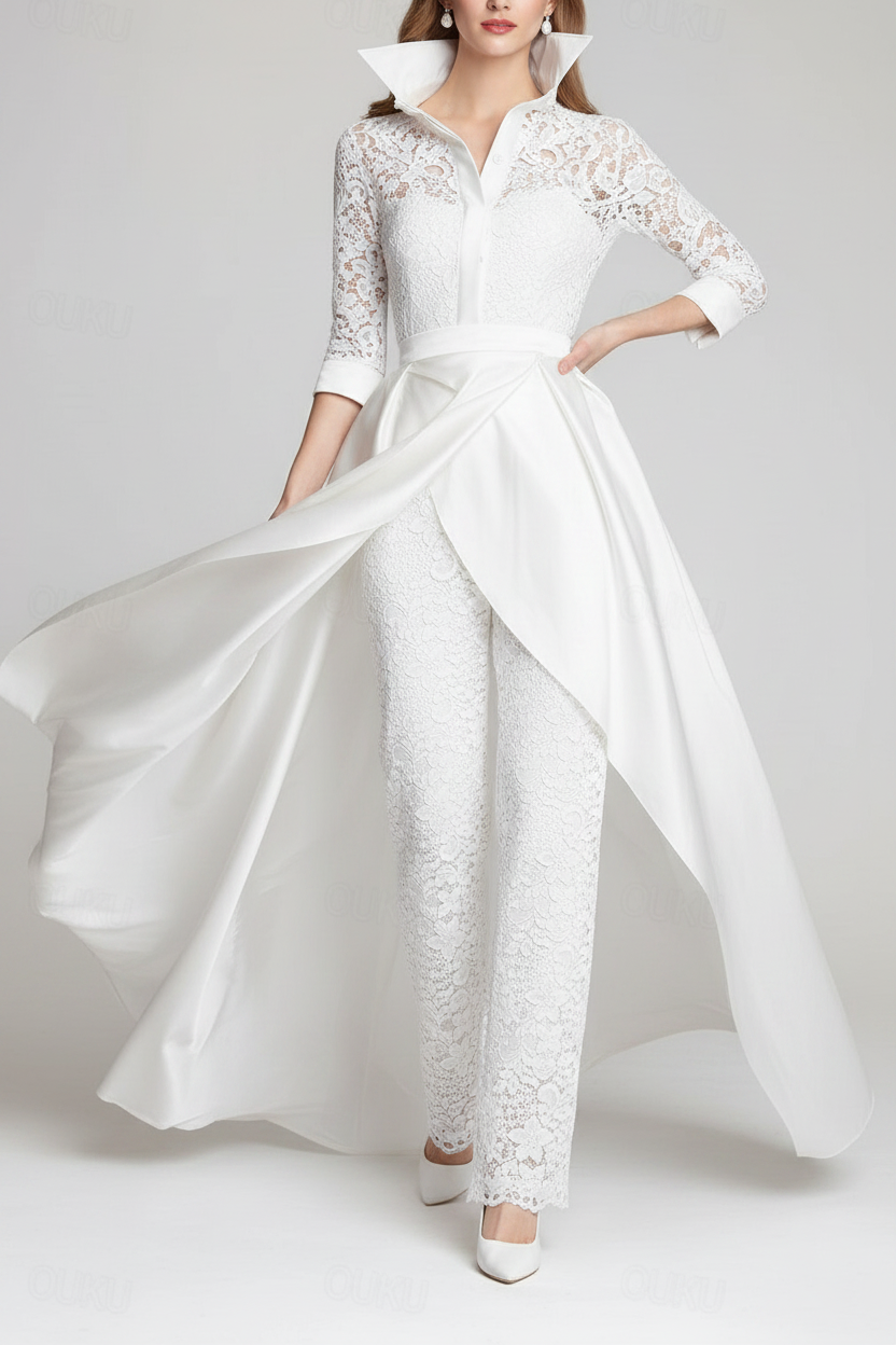3/4 Sleeves 2 Pieces Mother of the Bride Pantsuits Lace Shirt Collar Jumpsuit Ruched Detachable
