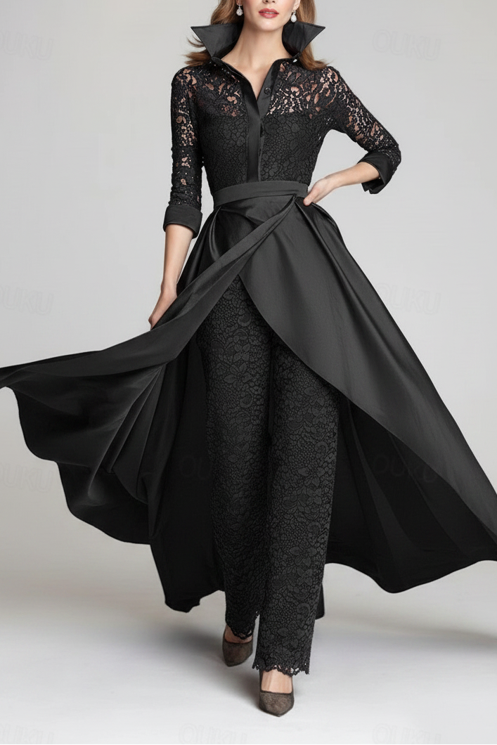 3/4 Sleeves 2 Pieces Mother of the Bride Pantsuits Lace Shirt Collar Jumpsuit Ruched Detachable