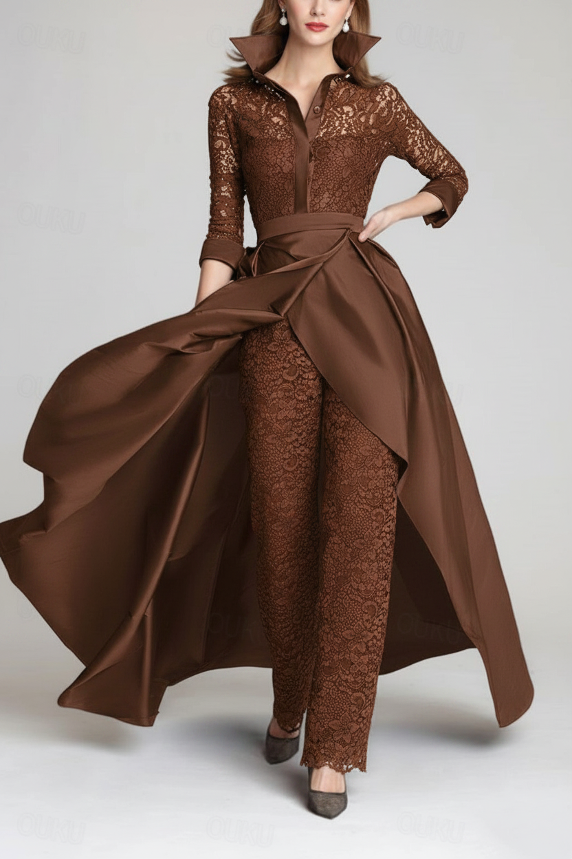 3/4 Sleeves 2 Pieces Mother of the Bride Pantsuits Lace Shirt Collar Jumpsuit Ruched Detachable