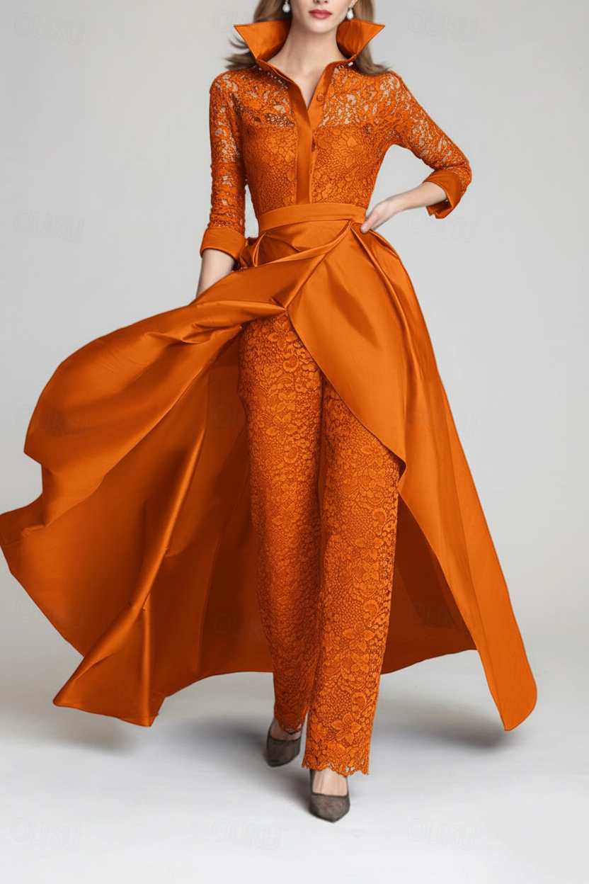 3/4 Sleeves 2 Pieces Mother of the Bride Pantsuits Lace Shirt Collar Jumpsuit Ruched Detachable