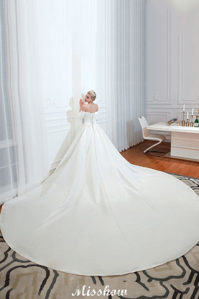 This elegant Bateau Satin,Tulle wedding dress with  could be custom made in plus size for curvy women. Plus size 3/4-Length Sleeves A-line,Ball Gown,Princess bridal gowns are classic yet cheap.