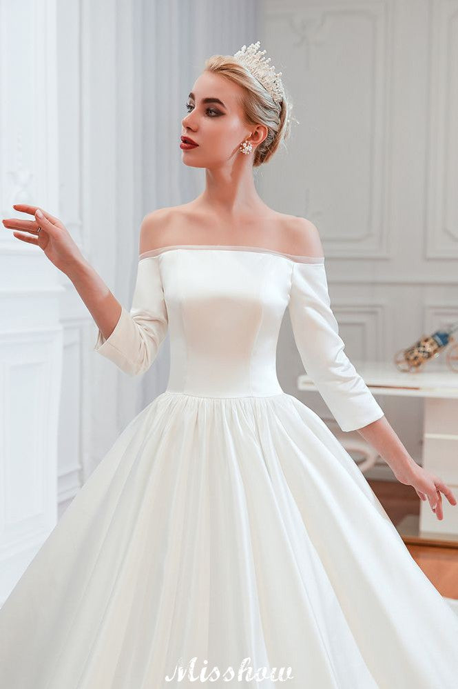 This elegant Bateau Satin,Tulle wedding dress with  could be custom made in plus size for curvy women. Plus size 3/4-Length Sleeves A-line,Ball Gown,Princess bridal gowns are classic yet cheap.