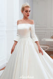 This elegant Bateau Satin,Tulle wedding dress with  could be custom made in plus size for curvy women. Plus size 3/4-Length Sleeves A-line,Ball Gown,Princess bridal gowns are classic yet cheap.