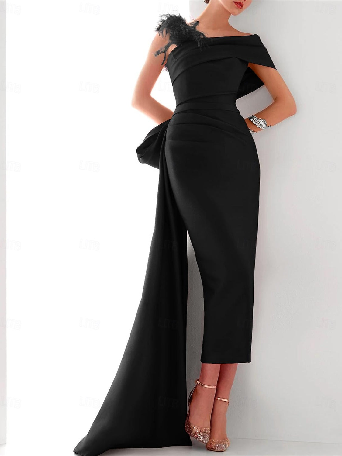 Sheath Column One Shoulder Sleeveless Sweep Brush Train Evening Gown Elegant Dress Formal Satin With Feather Bow S