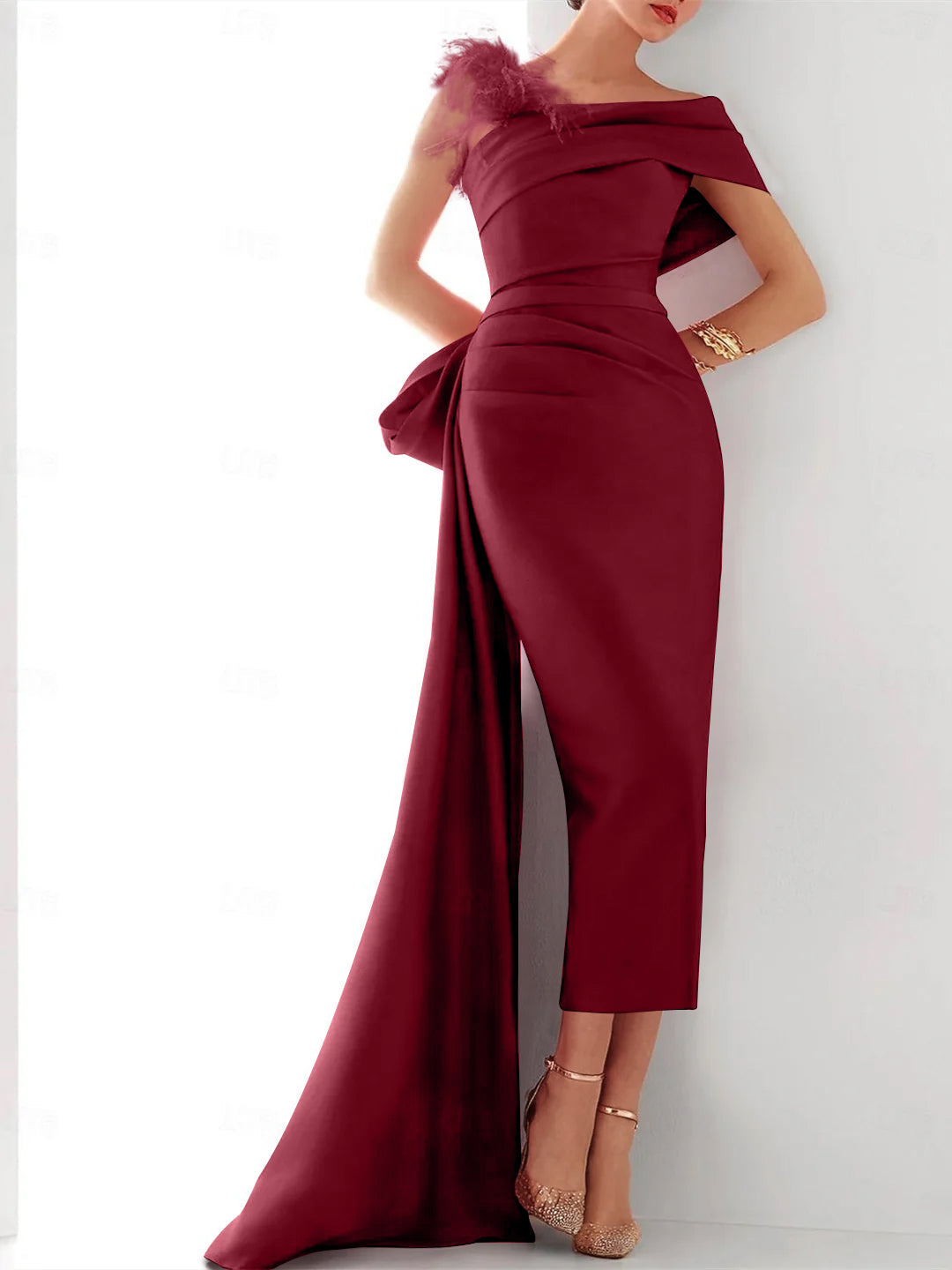 Sheath Column One Shoulder Sleeveless Sweep Brush Train Evening Gown Elegant Dress Formal Satin With Feather Bow S