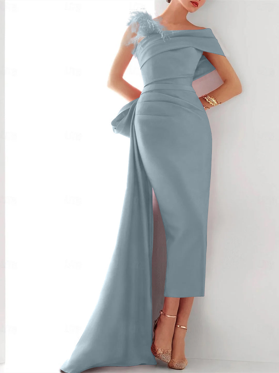 Sheath Column One Shoulder Sleeveless Sweep Brush Train Evening Gown Elegant Dress Formal Satin With Feather Bow S