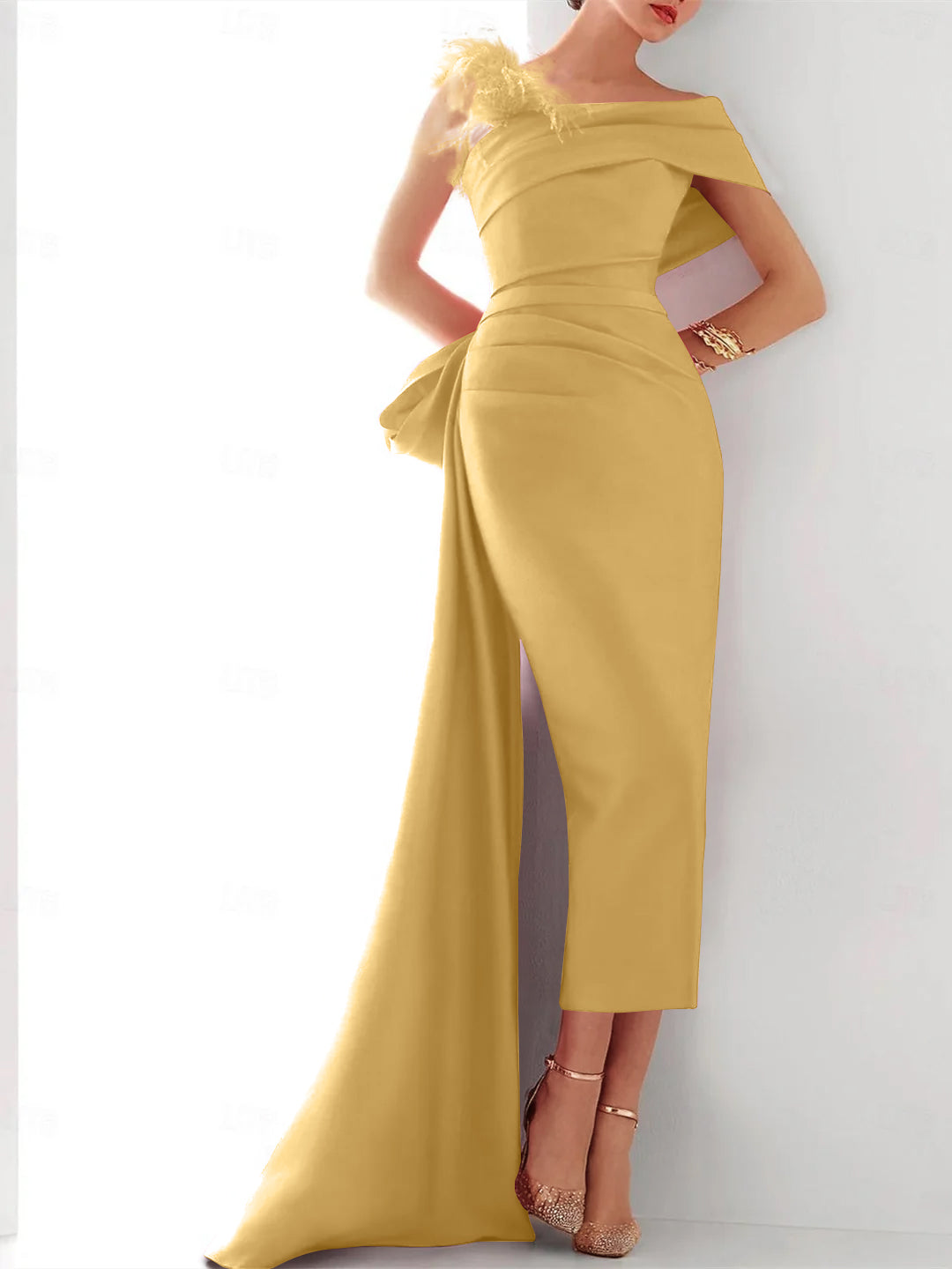 Sheath Column One Shoulder Sleeveless Sweep Brush Train Evening Gown Elegant Dress Formal Satin With Feather Bow S