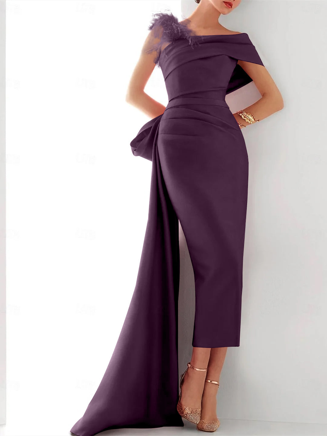 Sheath Column One Shoulder Sleeveless Sweep Brush Train Evening Gown Elegant Dress Formal Satin With Feather Bow S