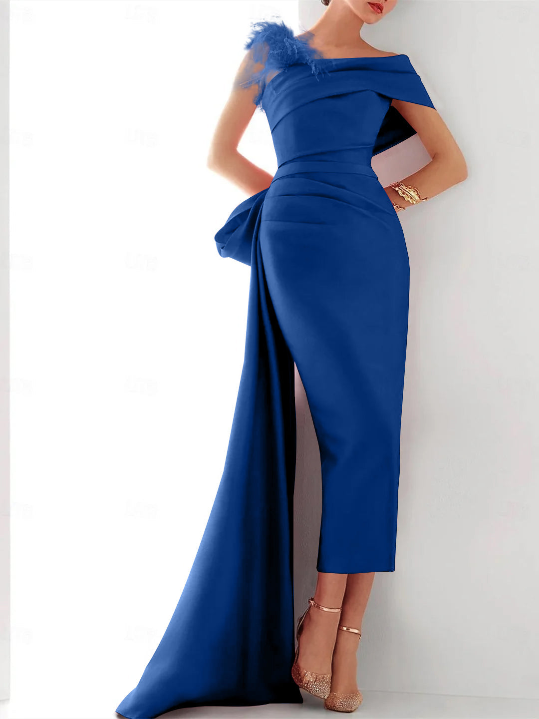 Sheath Column One Shoulder Sleeveless Sweep Brush Train Evening Gown Elegant Dress Formal Satin With Feather Bow S