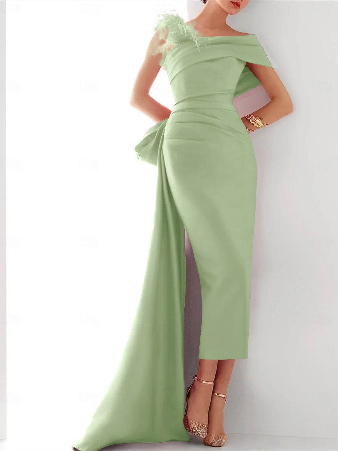 Sheath Column One Shoulder Sleeveless Sweep Brush Train Evening Gown Elegant Dress Formal Satin With Feather Bow S