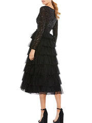 A Line Jewel Neck Long Sleeve Tea Length Mother Of The Bride Dresses With Sequin Tiered