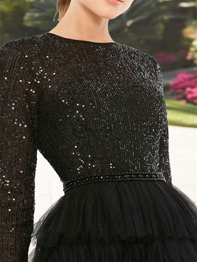 A Line Jewel Neck Long Sleeve Tea Length Mother Of The Bride Dresses With Sequin Tiered
